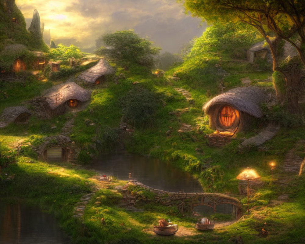 Fantasy Village: Hobbit-Like Houses in Green Hills, Glowing Windows, Tranquil Stream