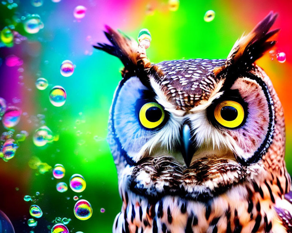 Striking Yellow-Eyed Owl on Vibrant Multicolored Background