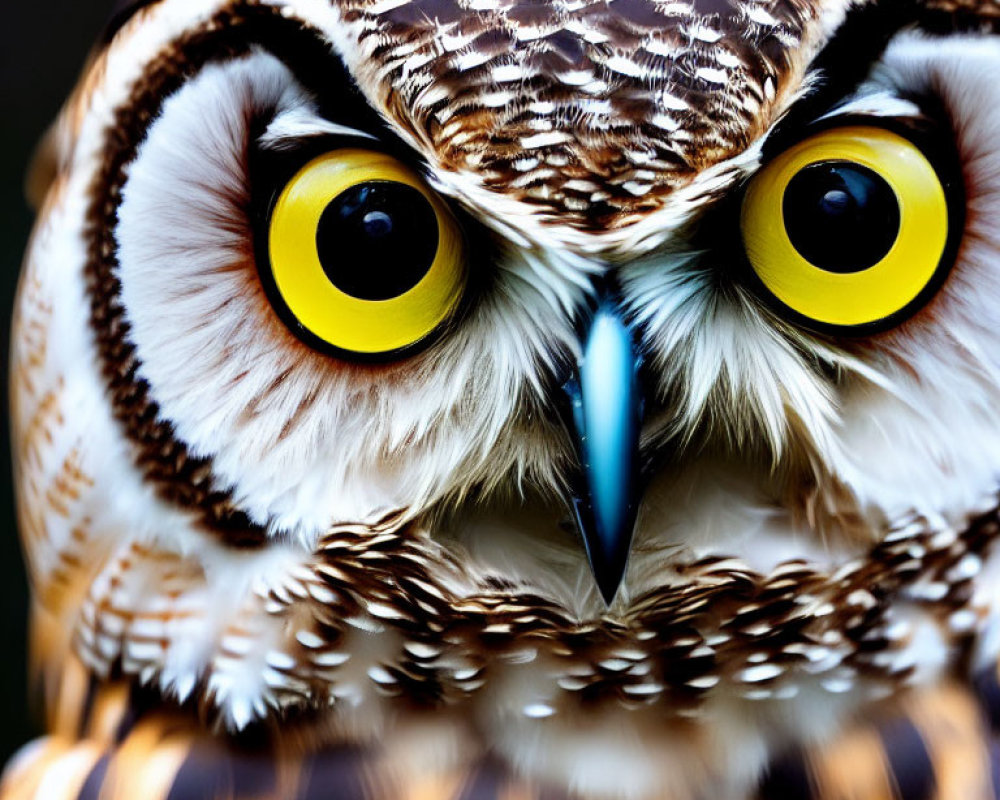 Brown and White Owl with Yellow Eyes and Sharp Beak in Close-up Shot