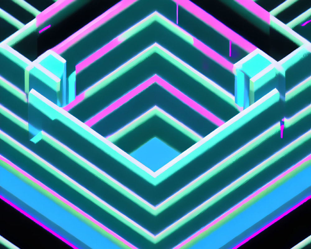 Colorful 3D rendering of abstract geometric structure with neon lights
