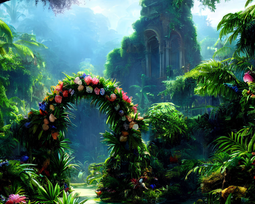 Vibrant jungle scene with colorful flowers, archway, and ancient ruins in mystical light