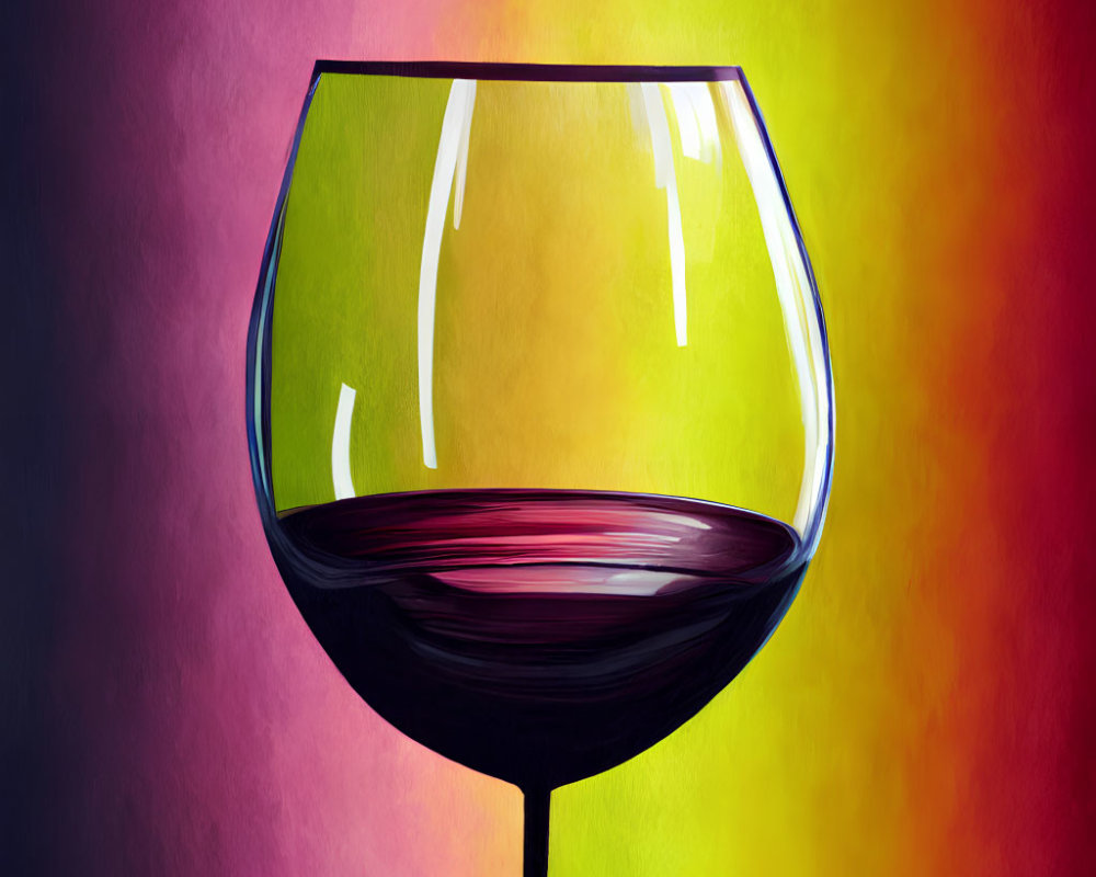 Red liquid in wine glass on colorful backdrop