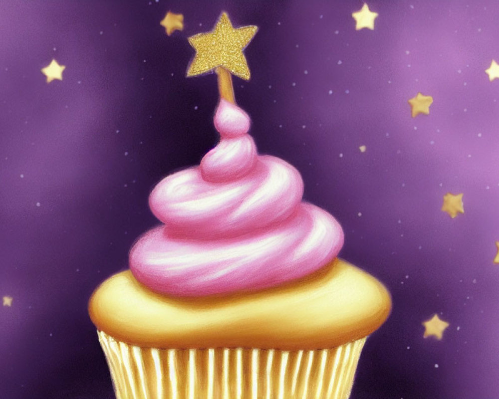 Whimsical pink frosted cupcake on purple starry background