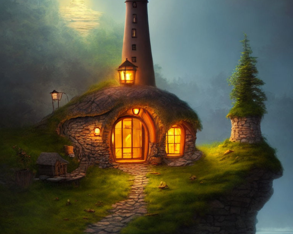 Hobbit-style house on hillside with lighthouse and sea view