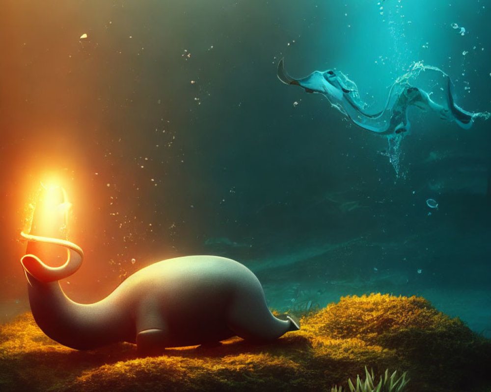 Stylized elephant-like creature in surreal underwater scene