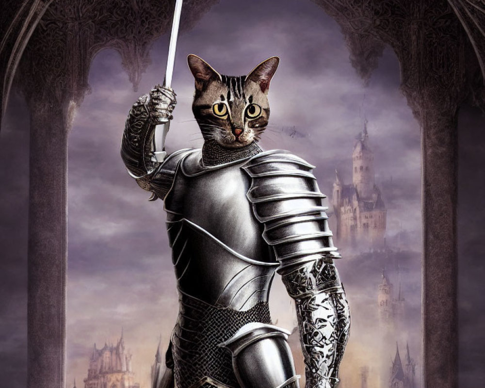 Cat in medieval armor wields sword in fantasy castle setting