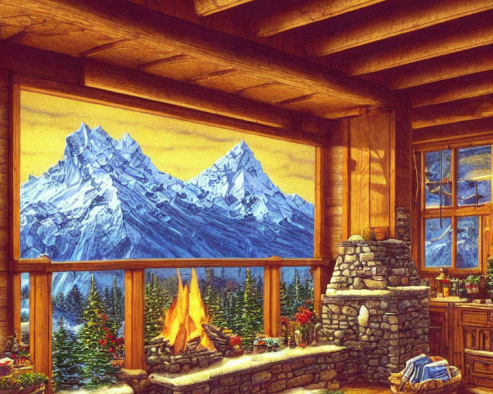 Cozy Cabin Interior with Fireplace, Festive Decor, Snowy Mountain View