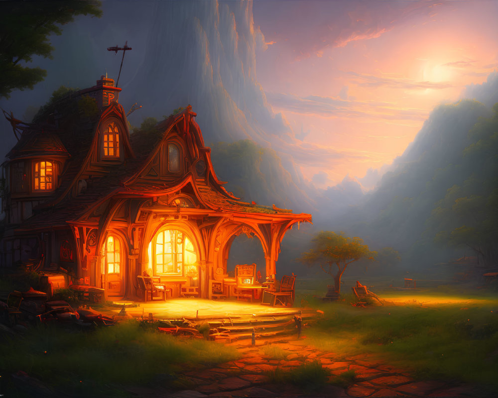 Charming fantasy cottage in serene meadow at sunset