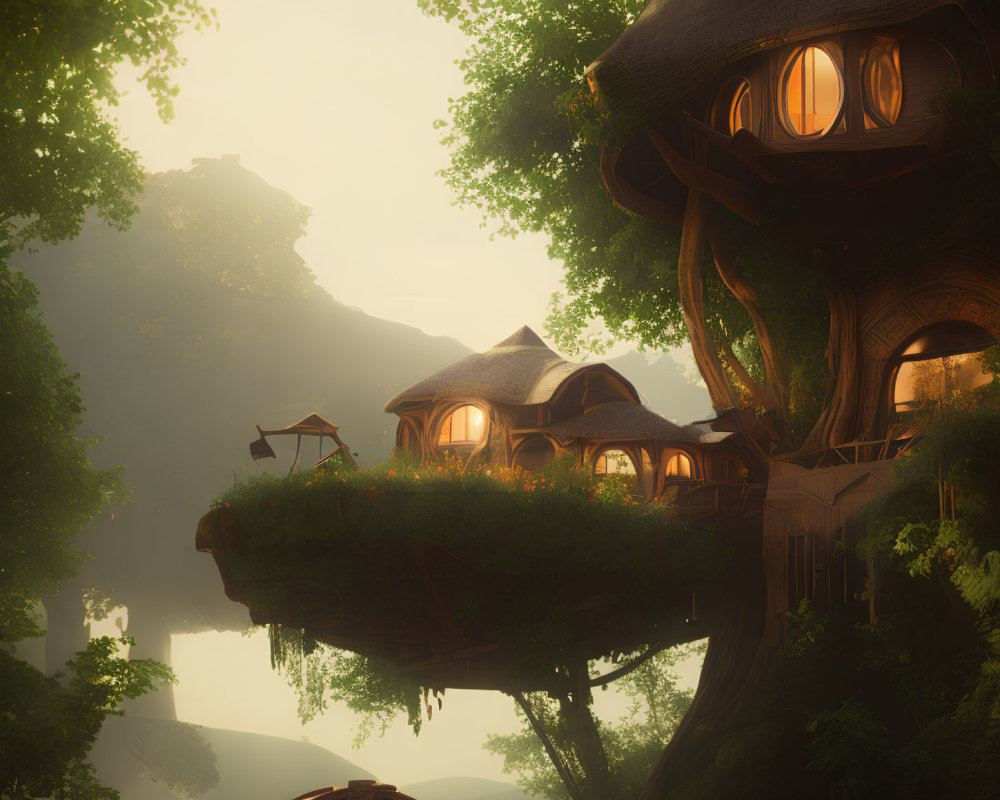 Glowing windows treehouse in lush forest at dusk