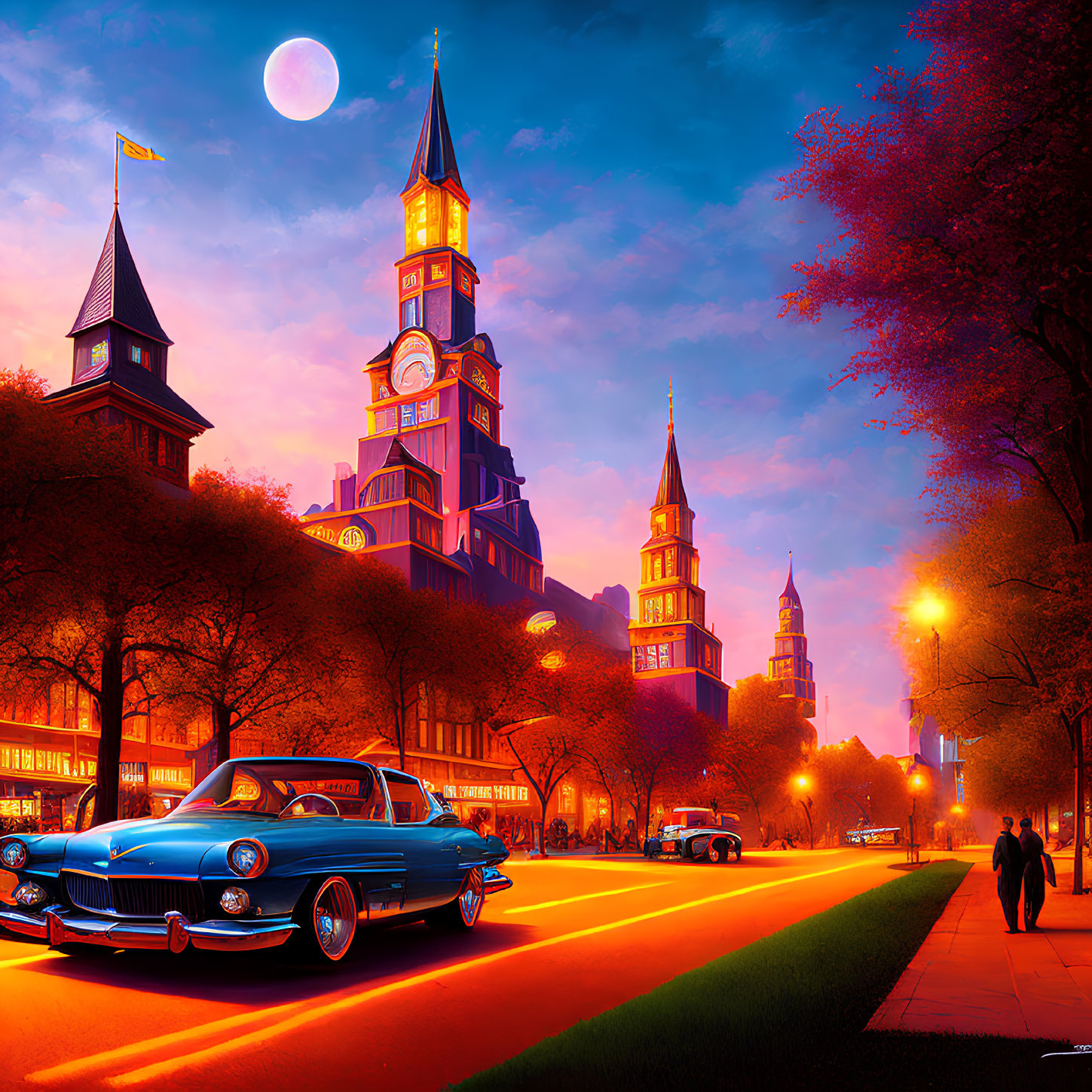 Gothic architecture and vintage car in vibrant cityscape twilight.