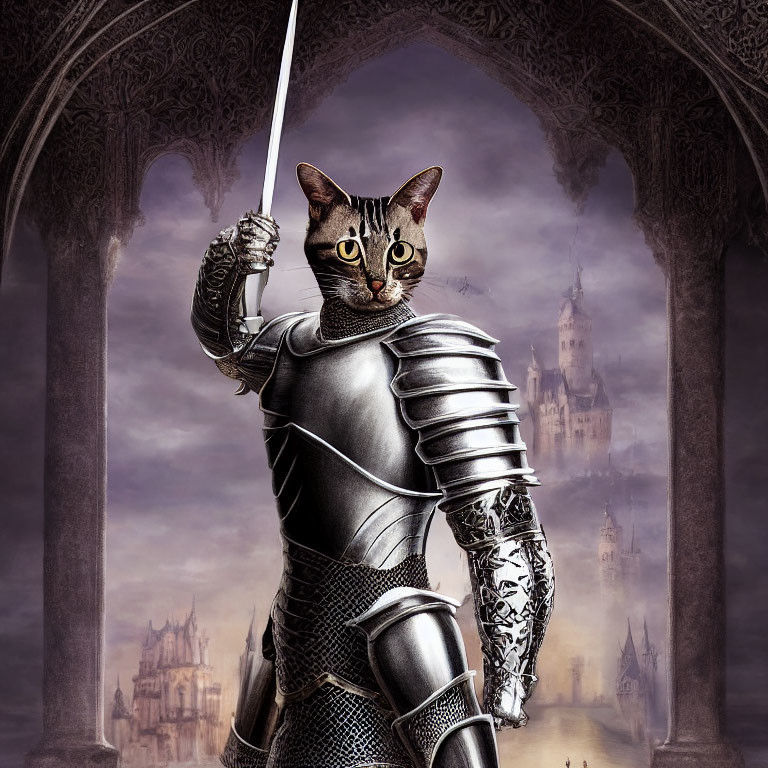 Cat in medieval armor wields sword in fantasy castle setting