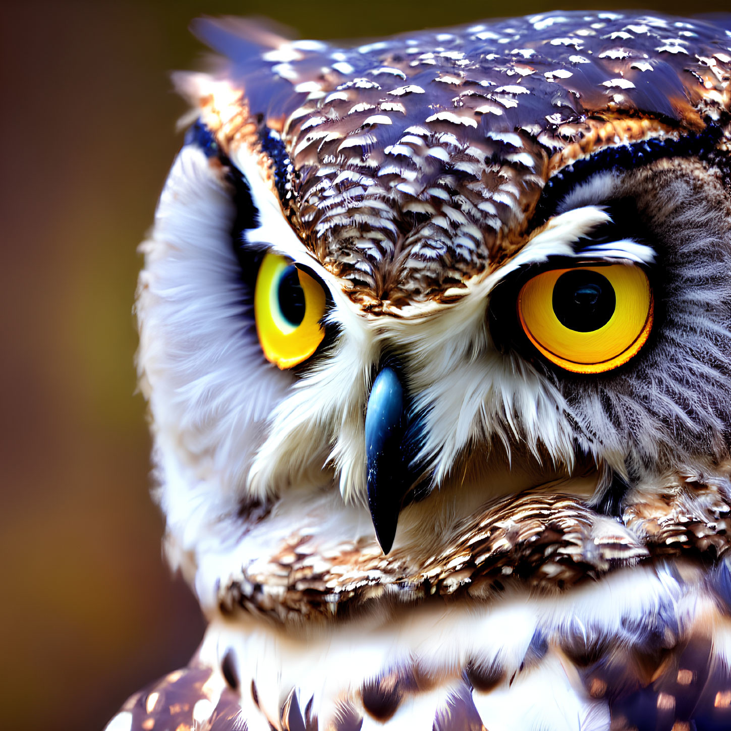 Majestic owl with piercing yellow eyes and intricate feathers.