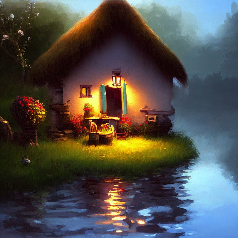 Charming Thatched Cottage at Twilight by Calm River