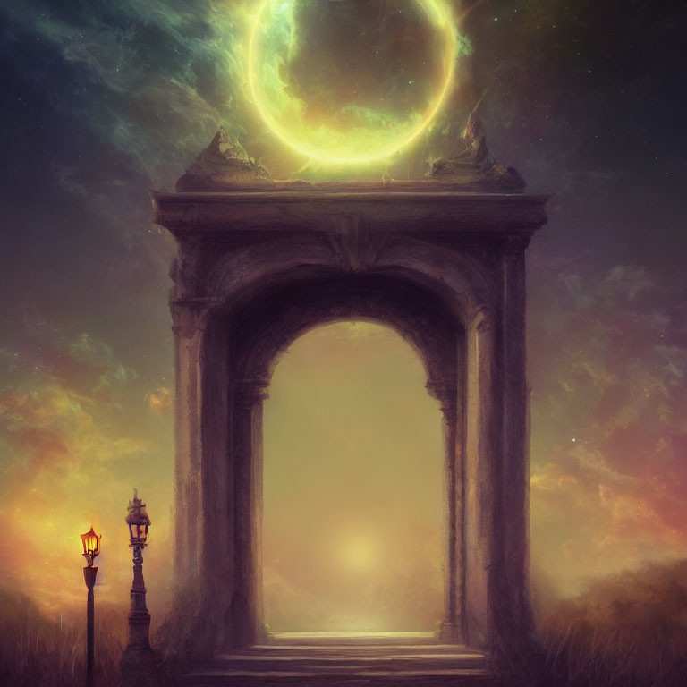 Ethereal archway with crescent moon, lamp posts, and mystical night sky