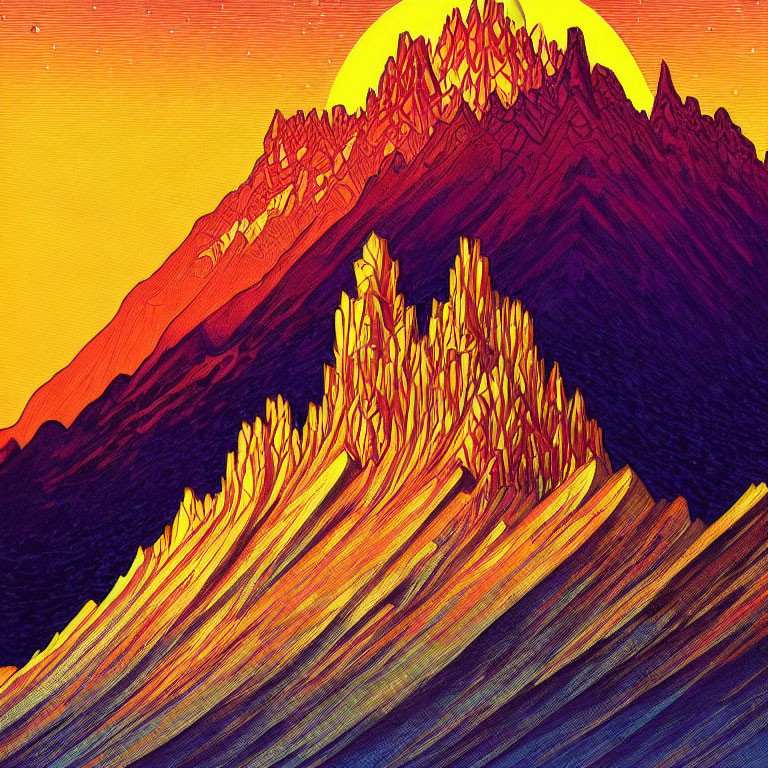 Colorful Mountain Landscape Art with Sun and Retro Vibes
