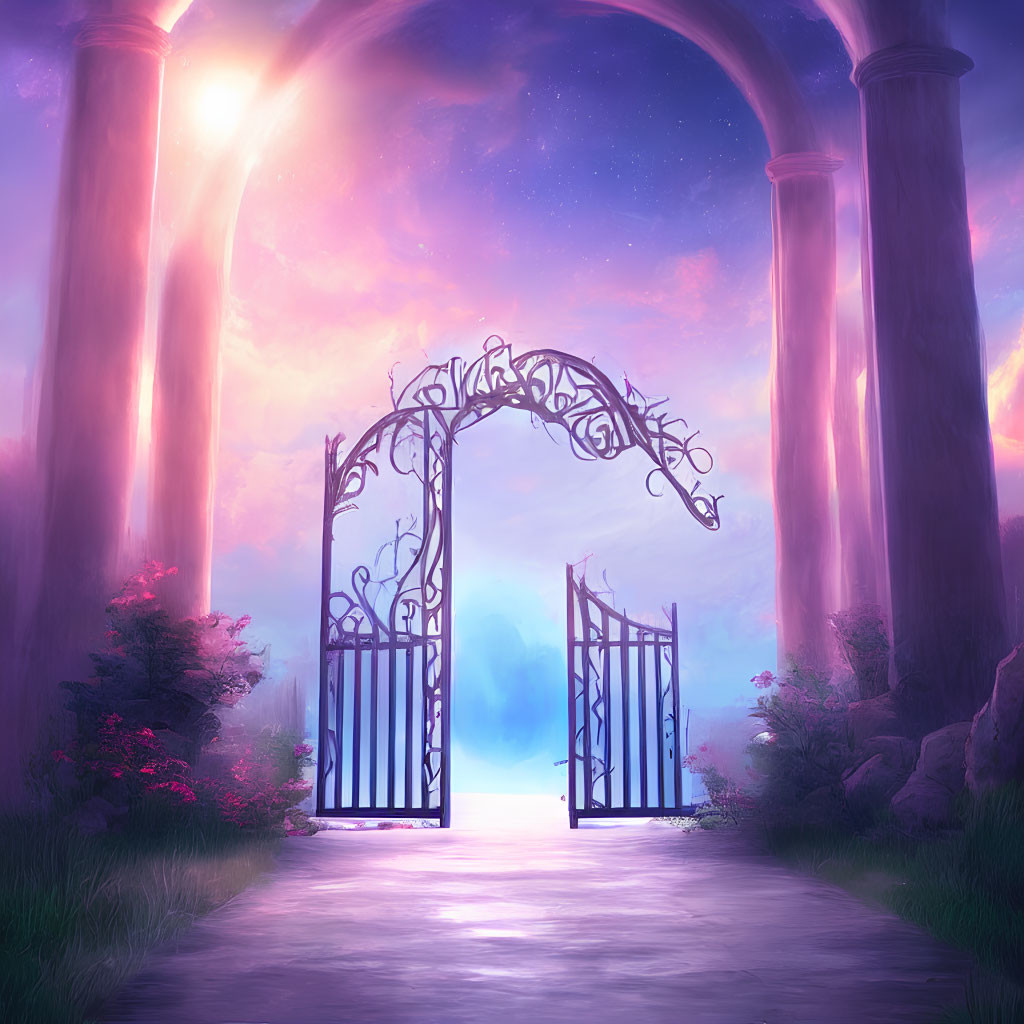 Ornate gate opens to magical landscape under purple sky