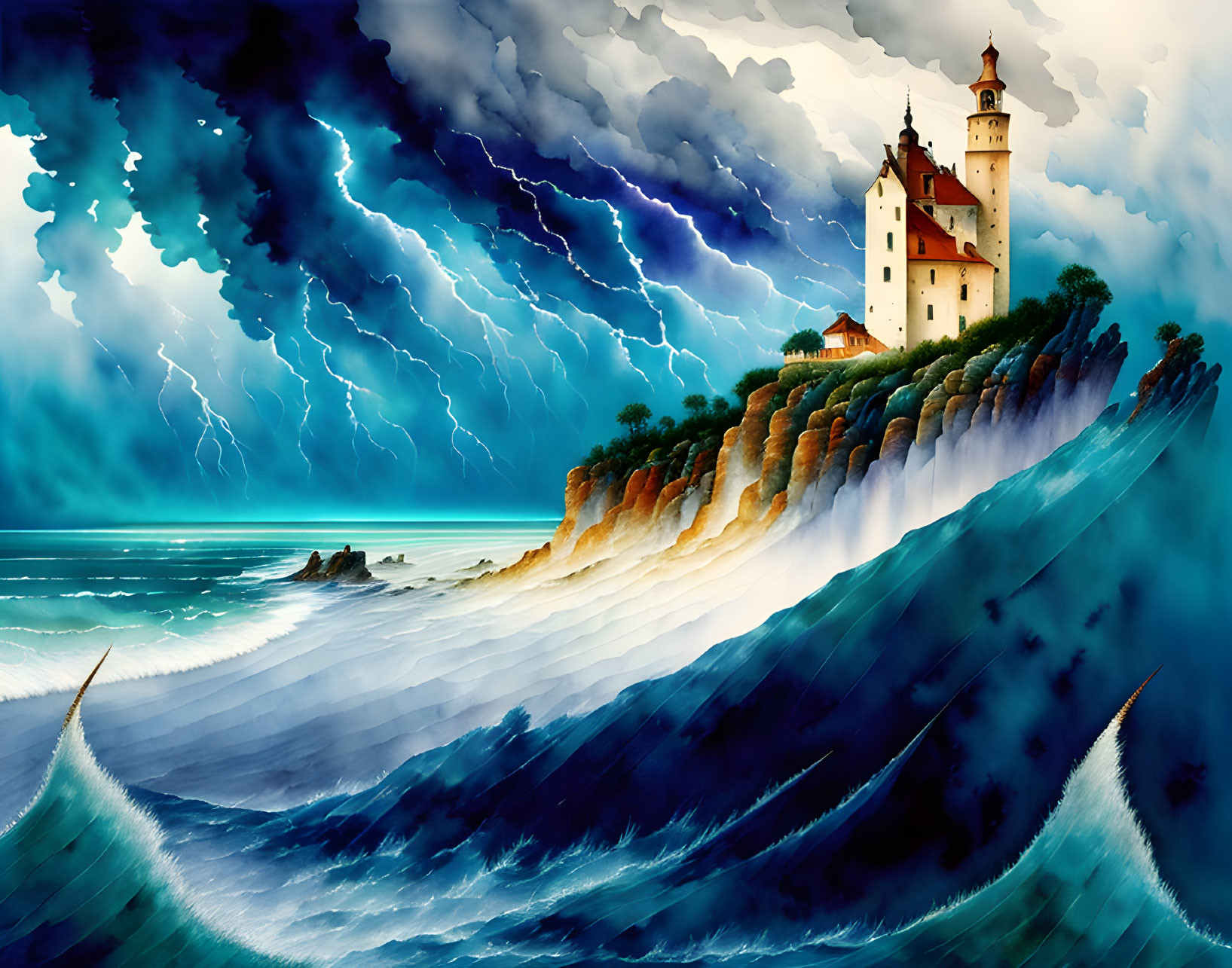 Cliffside castle overlooking stormy sea with lightning.