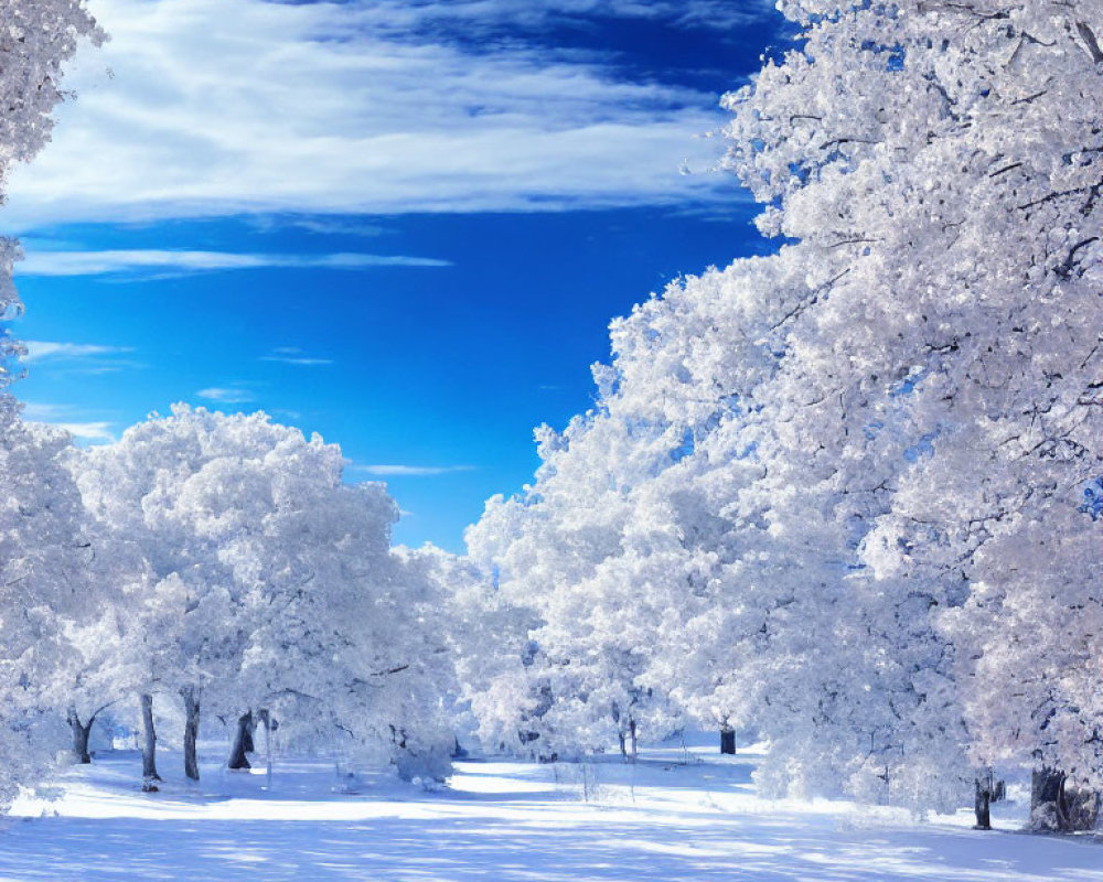 Snow-covered trees in serene winter landscape under vibrant blue sky