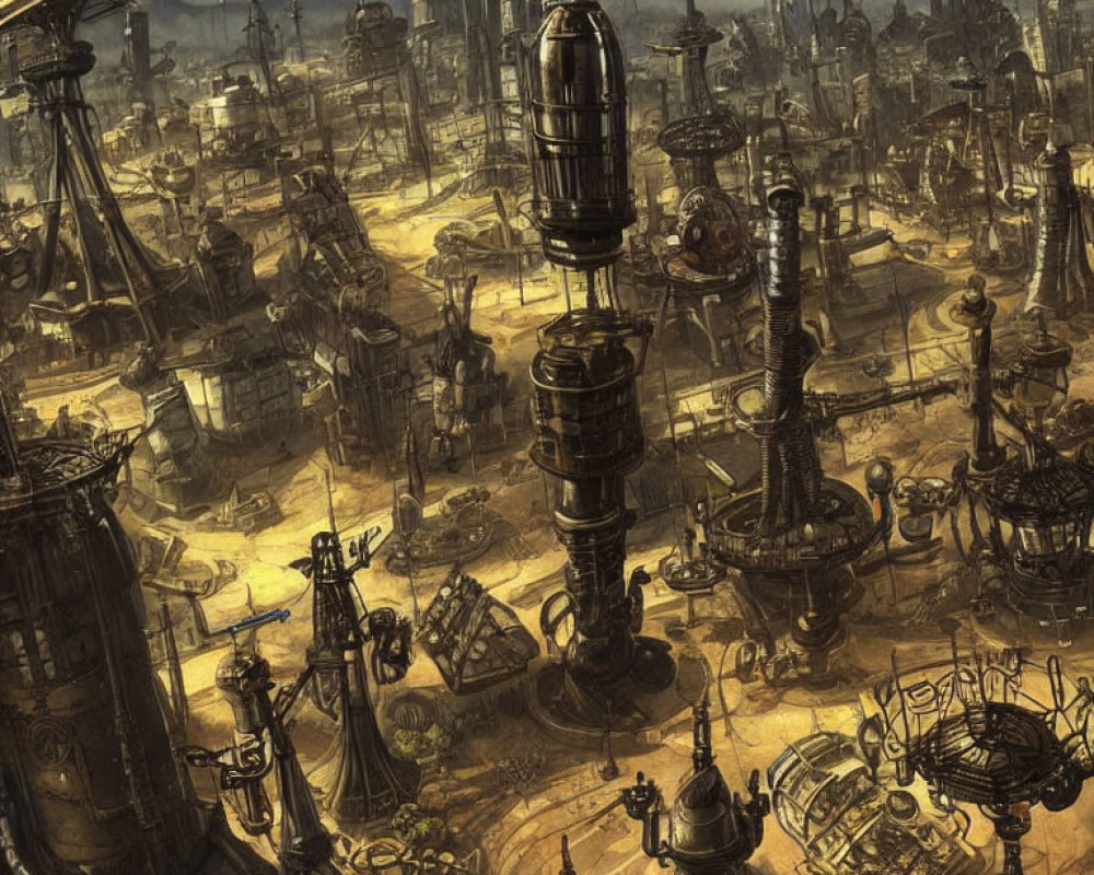 Dystopian steampunk cityscape with industrial towers and caged airships