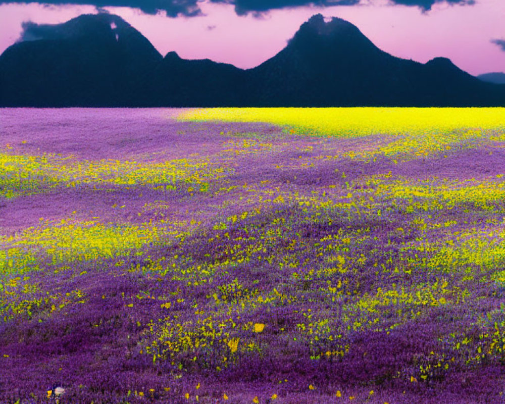 Scenic landscape with purple and yellow flowers and twin peaks under dusky sky