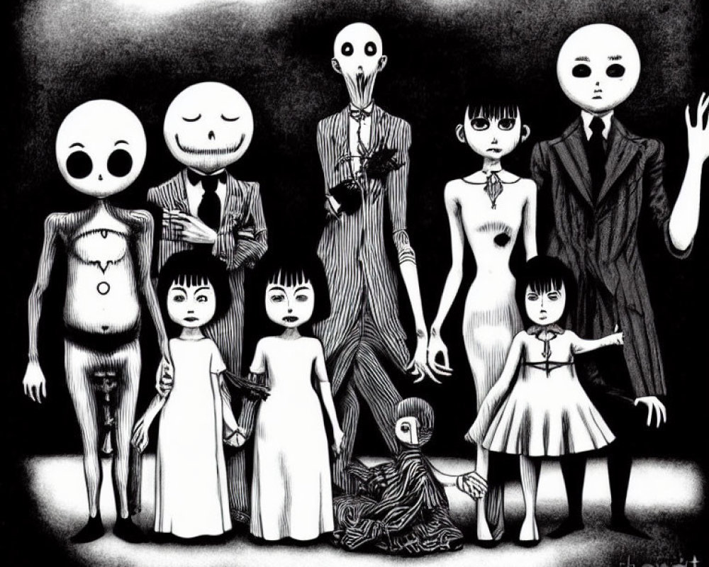 Monochrome illustration of eerie characters with surreal facial features