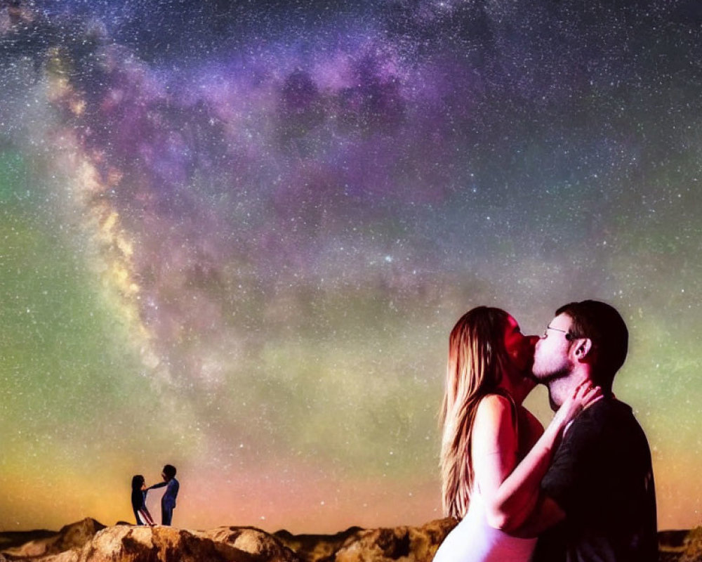 Couples kissing under vivid Milky Way in starry night scene