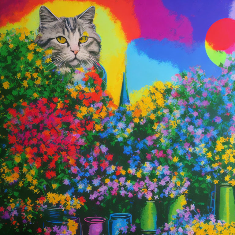 Colorful blooming garden with large cat head under rainbow sky