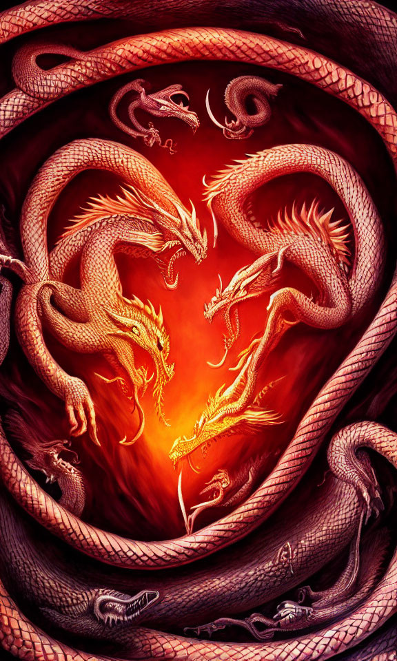 Interwoven dragon illustration with fiery backdrop
