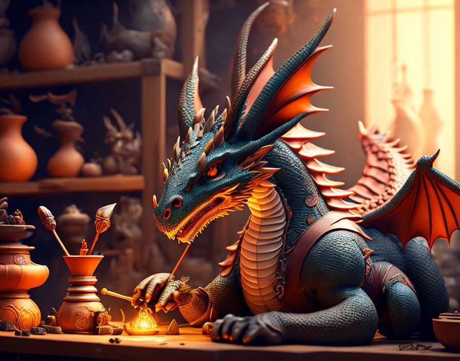 Detailed Blue Dragon Making Pottery in Cozy Workshop