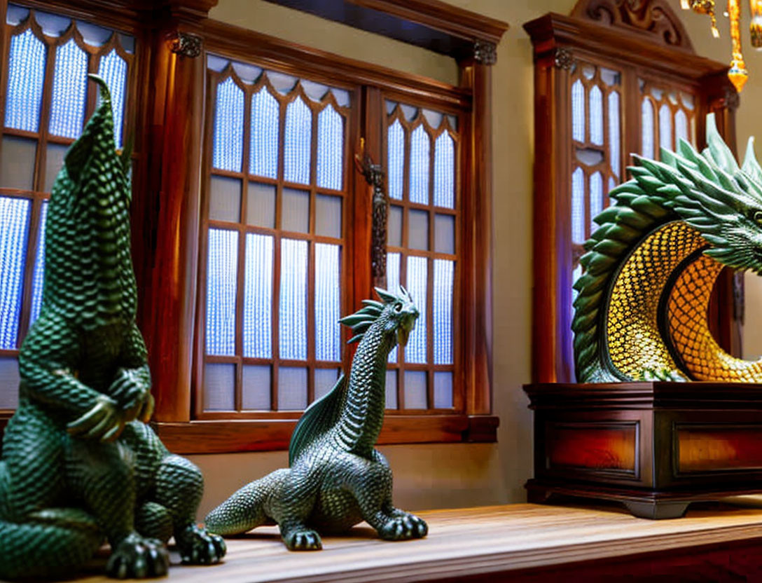 Ornate dragon sculptures on wooden windowsill with stained glass window