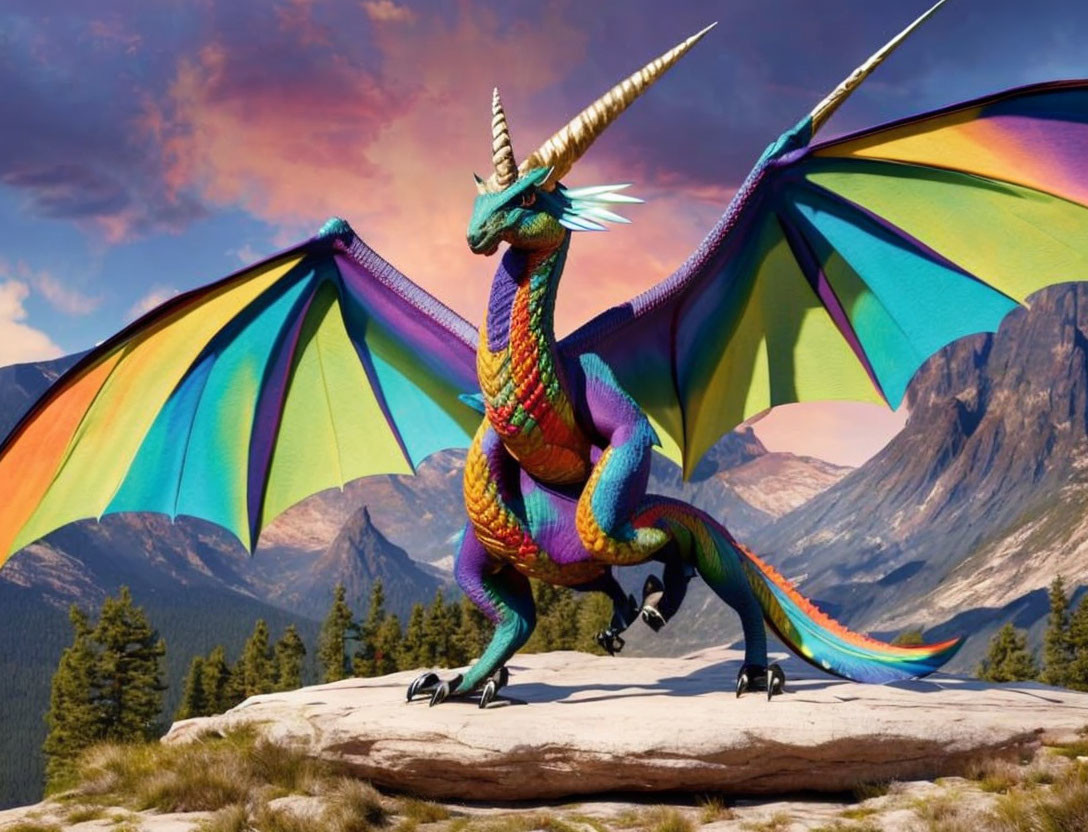 Colorful Dragon with Expansive Wings in Mountain Landscape