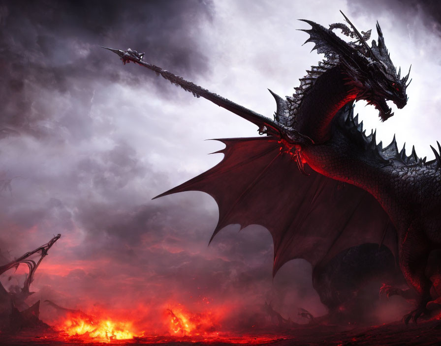 Menacing dragon with outstretched wings in volcanic landscape