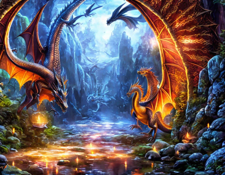 Majestic dragons in vibrant fantasy landscape with mystical river