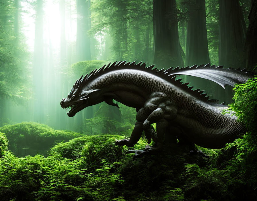 Majestic dark dragon in lush green forest with sunbeams