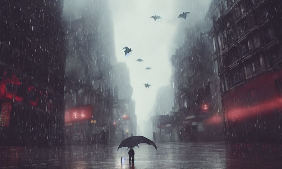 Figure with umbrella in rain-soaked city street with neon signs and flying creatures at dusk