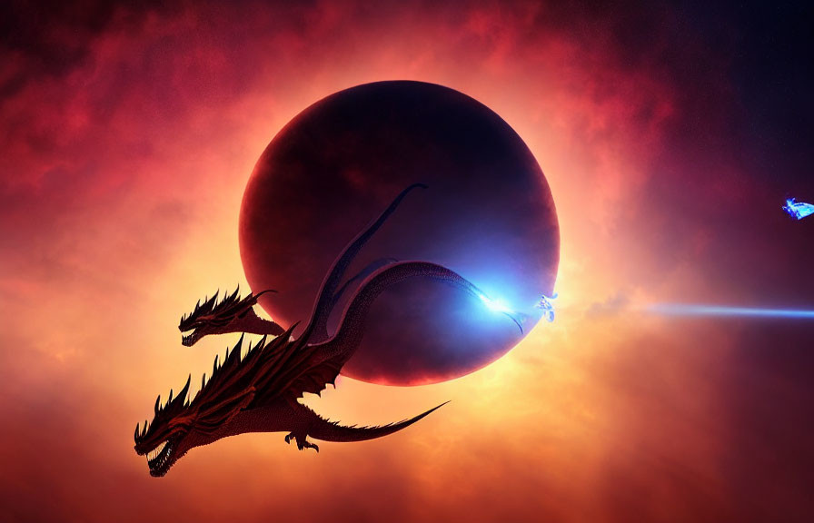 Majestic dragon soaring against fiery skies and planet landscape