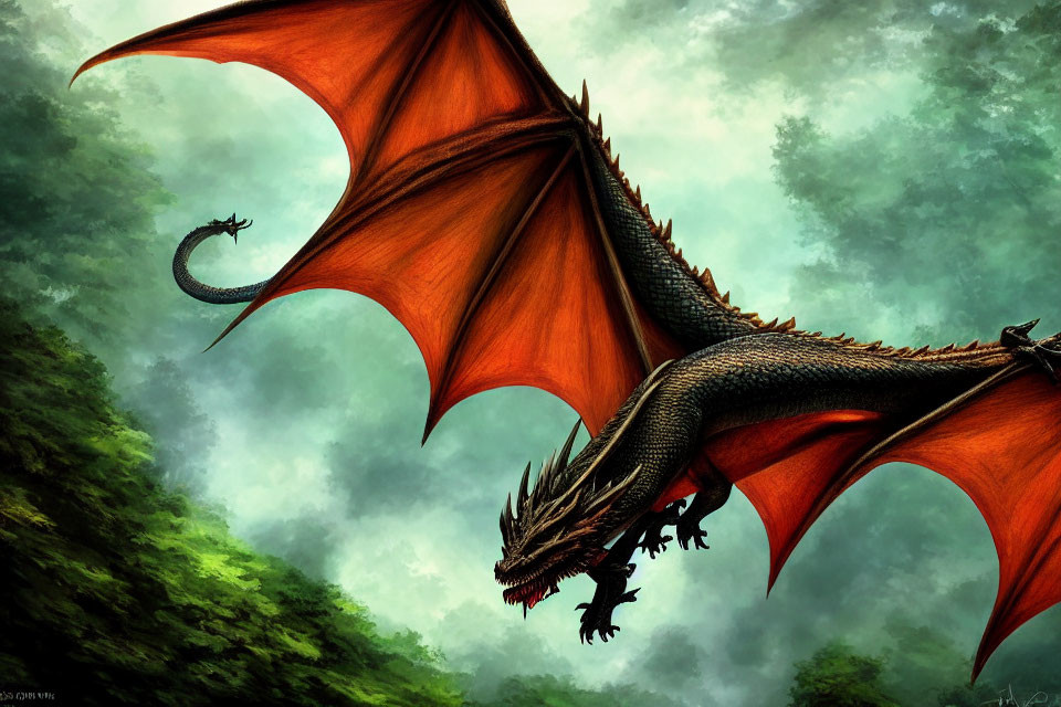 Majestic red-winged dragon flying in misty green skies