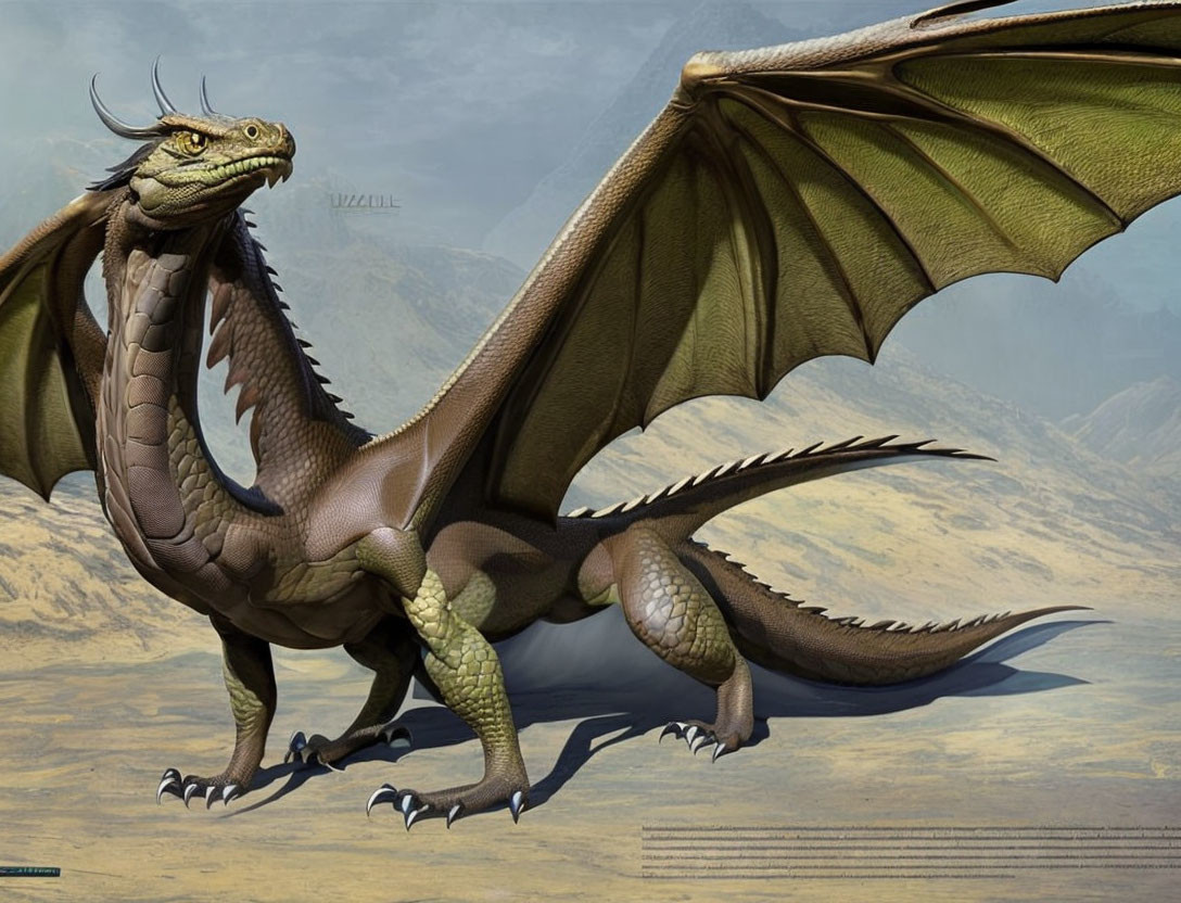 Detailed illustration of majestic dragon with green eyes, expansive wings, sharp claws, and scales, in barren