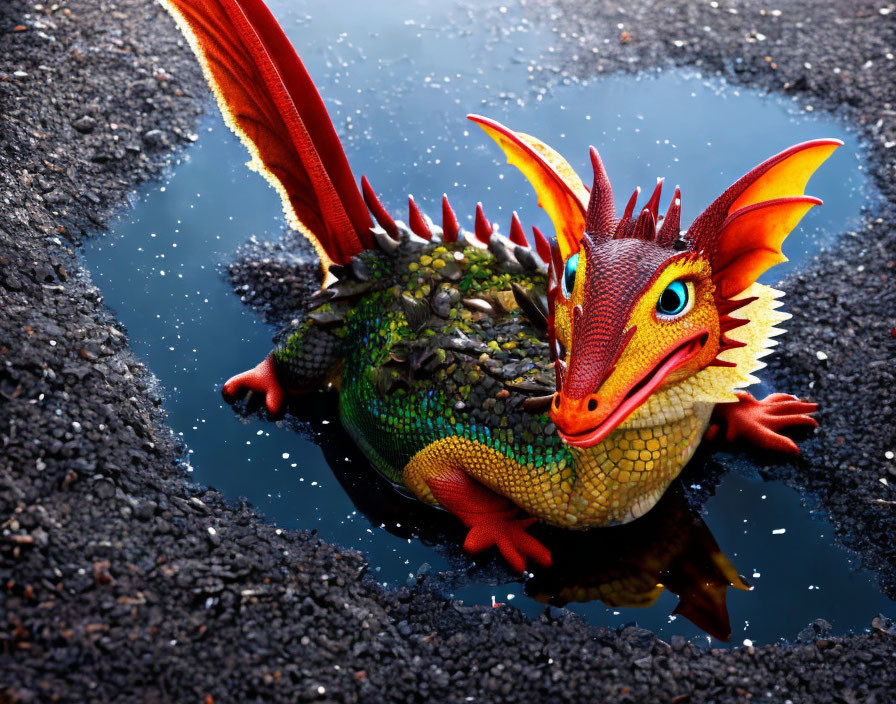Colorful Red Dragon with Wings and Spikes Reflected in Puddle