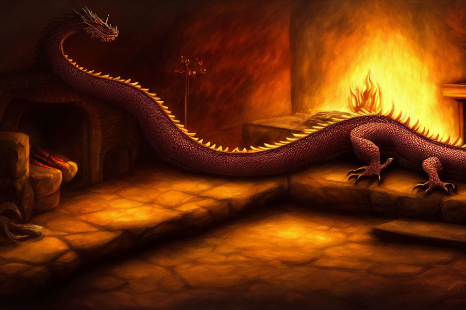 Menacing dragon in dimly lit chamber with fire-lit glow