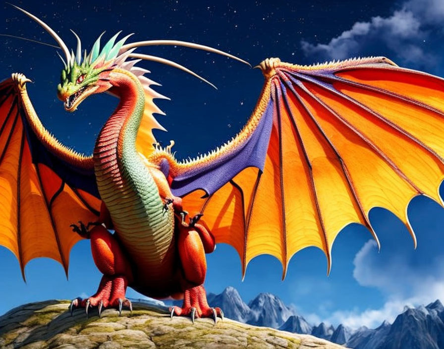 Colorful dragon with horned head on rocky outcrop under blue sky