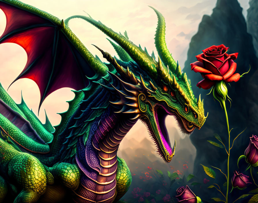 Colorful dragon with extended wings and red rose on rocky cliffs