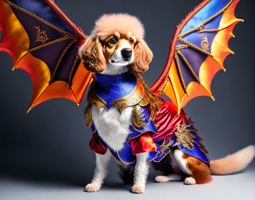 Colorful Fantasy Dragon Costume Dog with Wings and Armor on Gray Background