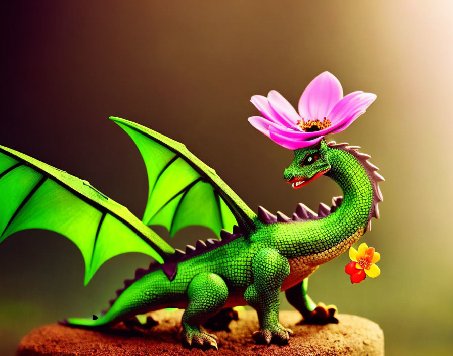 Colorful Toy Dragon Figurine with Green Scales and Pink Flower on Rock