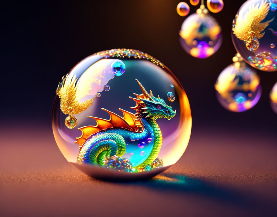 Colorful Dragon Artwork in Transparent Bubble on Dark Background
