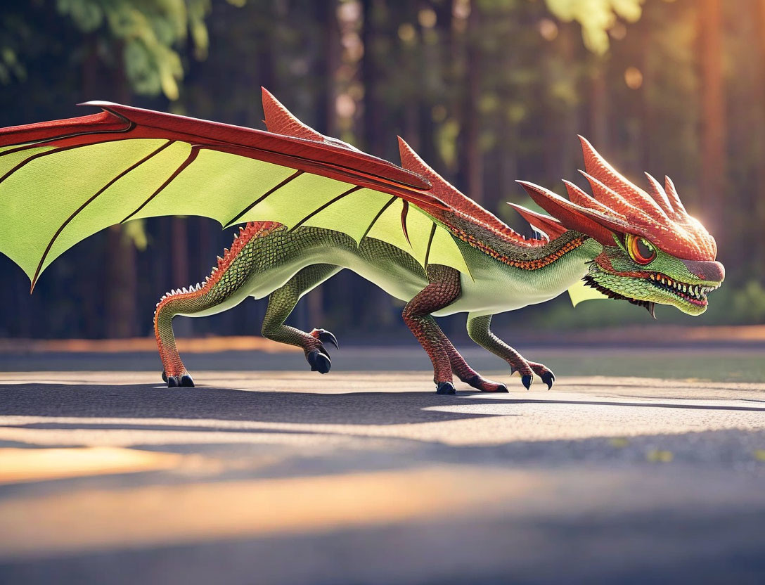 Red and Green Dragon with Expansive Wings Walking in Sunlit Forest