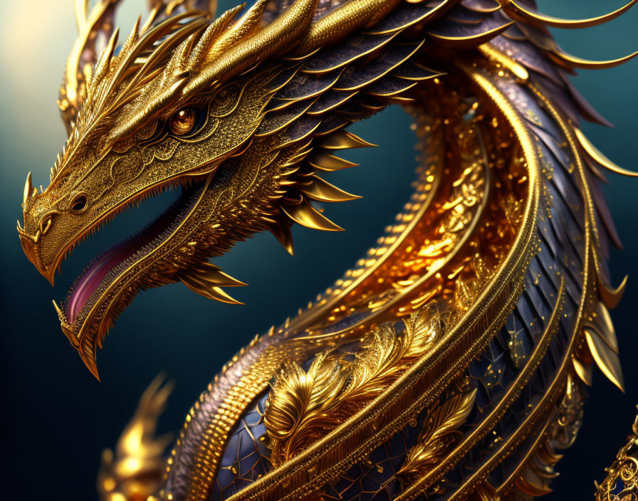 Detailed Golden Dragon with Majestic Horns and Scales
