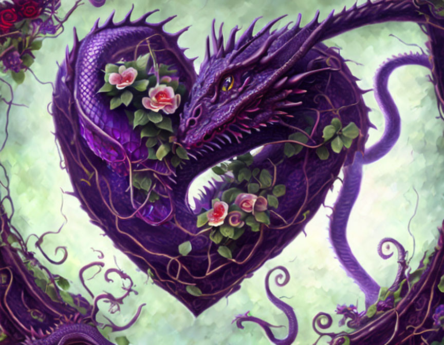 Purple Dragon with Green Eyes in Heart Shape Among Roses and Vines