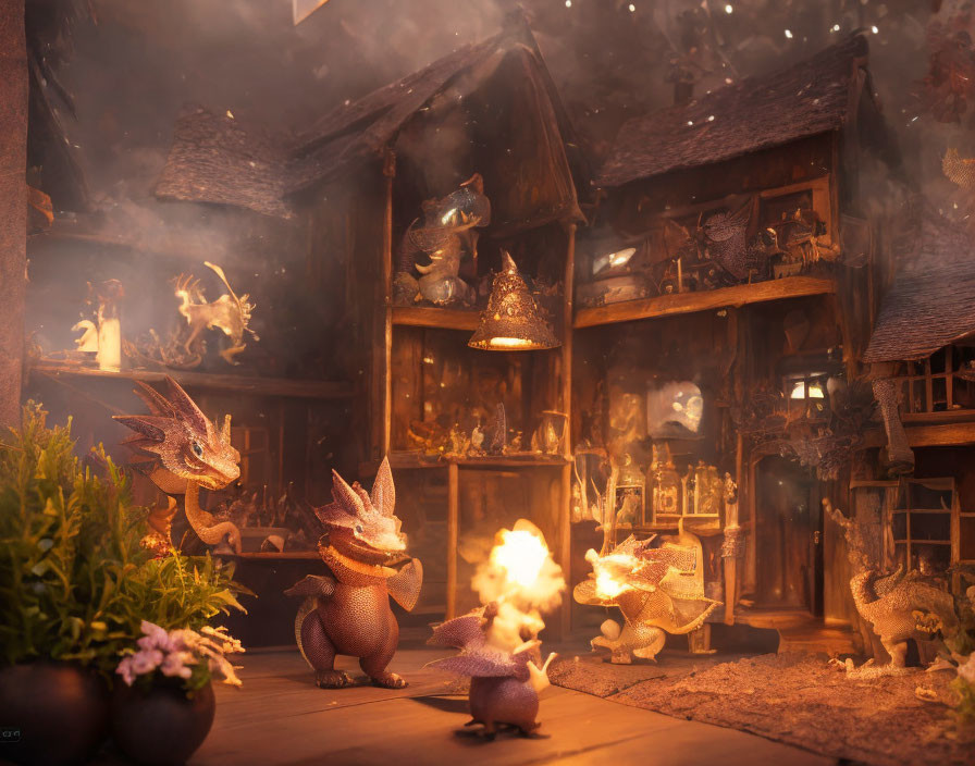 Miniature dragons in cozy fairy-tale room with warm lighting