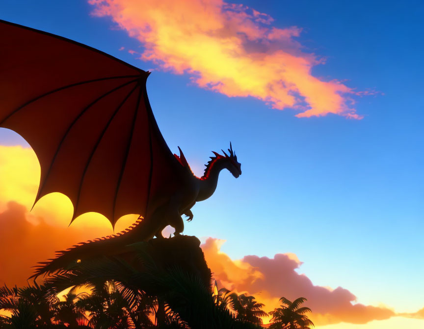 Dragon silhouette on rock under vibrant sunset sky